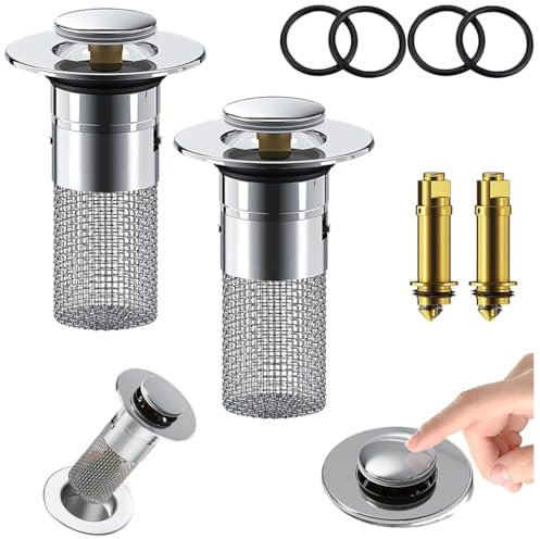 Vidage Salle de Bain Bonde de Lavabo Pop Up Filtre Acier Inoxydable Sans Trop-Plein Anti-colmatage pour Vasque Salle de Bain avec Universel (Argent)