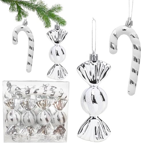 12 Stück Glitzer Weihnachtsbaumschmuck Silber,XXL Weihnachtskugeln Zuckerstangen Deko,Weihnachten Weihnachtsbaum Anhänger Tannenbaumschmuck Silber Weiß für Weihnachtsbaum Deko Christbaumschmuck