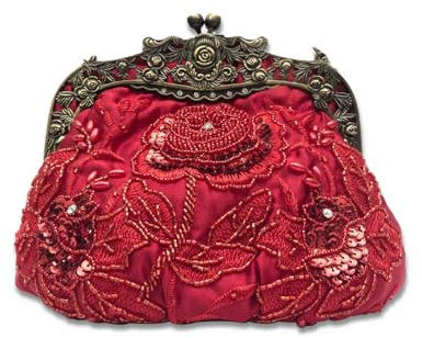 CORIOS Vintage 1920s Abendtasche Damen Floral Clutch Tasche Handgemachte Perle Handtasche Klein Tasche Elegante Schultertasche Kette Umhängetasche für Hochzeit Bankett-Party Abschlussball Rot