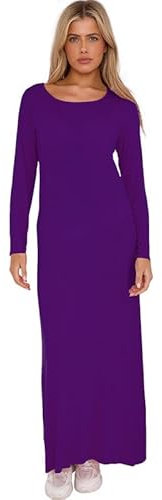Fashion Flair Long Sleeve Maxi Dresses for Women UK Plus Size Ladies Round Neck Full Length Maxi Dress Top 8-26 Purple