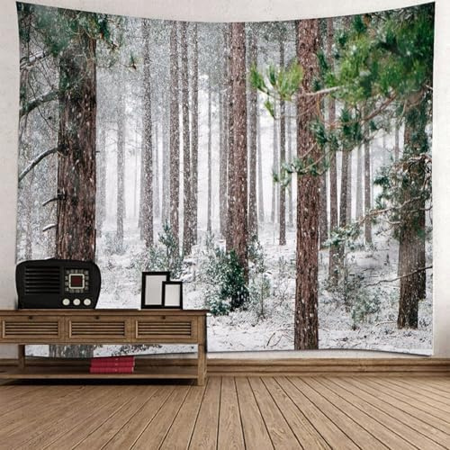 Lirzxin Wandtücher Wald, Wandteppich Grau Grün Braun Winter Wald Landschaft Tapestry Wandtuch Wandbehang für Schlafzimmer Wohnzimmer Wohnheim Wanddeko, 210x140CM