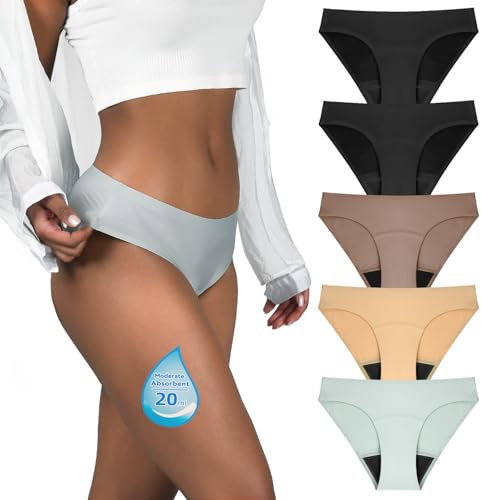TIICHOO Periodenunterschwäsche Starke Blutung Nahtlos Perioden Bikini Unterwäsche 5er Pack(S, Kaffee/Beige/Rauchgrün/2 Schwarz)