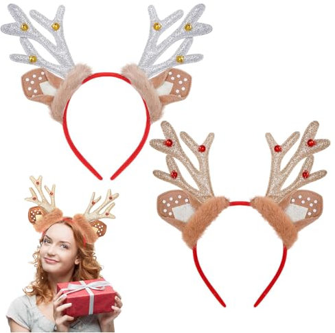 TELAIN 2 Stück Rentiergeweih Haarreif mit Plüsch und Pailletten | Rentier Haaraccessoire für Weihnachten und Cosplay Kostüme | Einheitsgröße