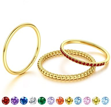 JeryWe Geburtssteinring - Dünne Stapelbare Goldringe für Damen, 14K Vergoldet, Nicht-Tarnierend mit CZ, Goldene Eheringe, Verlobungsringe und Wasserfeste SetsRoter januar. 57