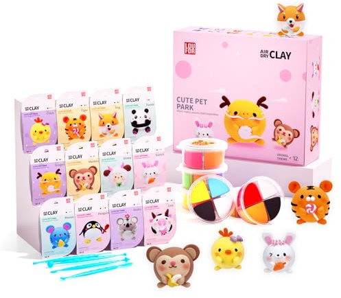 LOUFOR Modelliermasse Lufttrocknend - Lufttrocknender Ton Set, Ultraleichter & Soft, Sicher & Ungiftig, 12 Kisten DIY Magische Knete mit Werkzeugen, Kreative Basteln Spielzeug Geschenke für Kinder