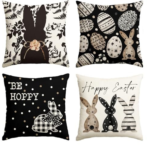 Artoid Mode Schwarz Tupfen Hasen Blätter Ostereier Ostern Kissenbezüge 4er Set, 45x45 cm Easter Zierkissenbezug Cushion Cover Couch Wohnzimmer Deko