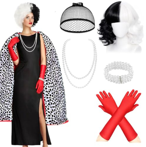 UxClishe 7 Pcs Cruella Costume Accessories Set, Cruella Fancy Dress Kit with Cape Gloves Wig for World Book Day
