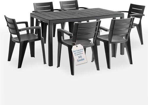 Tomaino - Set Savana Gartentisch mit Stühlen - Gartentisch ausziehbar mit 6 Kunststoffstühlen - Outdoor-Set für Garten, Balkon, Veranda schwarz