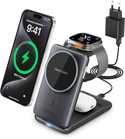 Tigratigro Caricatore Wireless Stazione, magnetico pieghevole 3 in 1 con MagSafe, Ricarica Rapid da 15W Caricabatterie per Apple iPhone serie 16/15/14/13/12, Apple Watch ed AirPods (Nero, W93)