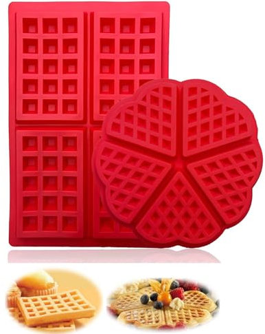 Febbya Silicone Waffle Moulds,2-Pack Non-Stick Pancake Mould Air Fryer & Oven Safe Baking Mould for Pancakes,Mini Muffins Dishwasher Safe Cake Mould Set Rectangular and Heart Shaped Red