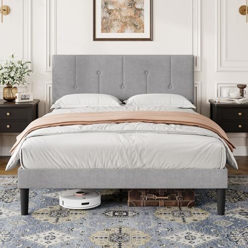 Vesgantti Double Bed Frame with Adjustable Linen Headboard, Solid Wooden Slats & Upholstered Platform, Easy Assembly, No Box Spring Needed, Under Bed Storage, 4FT6 Double Bed, 135 x 190 cm, Light Grey