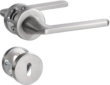 SORWDUERM Türgriff Silber Drückergarnitur, Edelstahl matt gebürstet, Türklinke für Haustür und Innentür, L-Form, Rund-Rosette, BB - Bettklinke