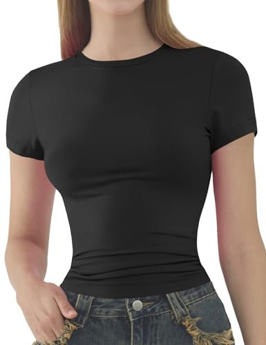 Womens Basic Short Sleeve Slim Fit T Shirts Soft Crewneck Crop Y2k Tees Summer Stretchy Cute Tops Black M