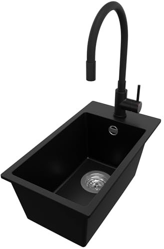 PRIMAGRAN Fregadero Granito Negro 28x50cm, Cocina 1 Seno + Grifo 40x38cm + Sifón, Sobre encimera al mueble 30cm - Riga S068