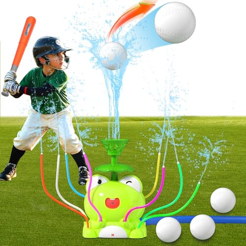 Water Sprinkler for Kids, 2 in 1 Water Sprinkler Baseball Toy Set with 4 Baseballs, Water Toys for Outdoor for Lawn Garden Game, Summer Garden Toys for Kids Boys Girls Ages 3-12 (Frog)