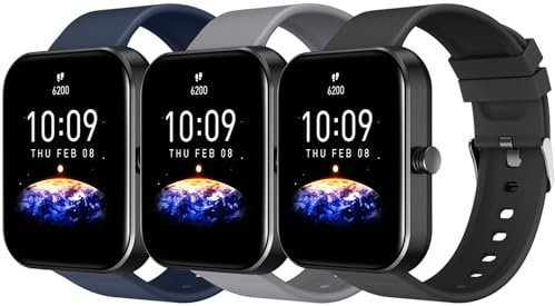 Coiwxmoi 3 Stück Armband Kompatibel mit Amazfit GTS 2 Mini/4 Mini/GTS 2 2e 3 4 42mm/Amazfit Bip 3/Bip S/Bip S Lite/Bip Lite/Bip U pro, Weich Silikon Sport Ersatz Armbänder, Schwarz/Grau/Dunkelblau