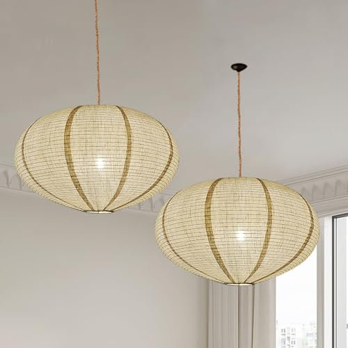 METHEDEECO 2er Set Boho Lampenschirme aus Leinen – Handgefertigte Hängelampenschirme Ø50cm Oval – Minimalistischer Stoff Lampenschirm für Wohnzimmer, Schlafzimmer, Flur & Esszimmer