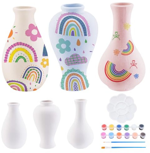 WEBEEDY 3 Sets Rainbow Colours Ceramic Vase Painting Kit Unpainted White Ceramic Vases for Adults Beginners Paint Your Own Vases with Paint and Brushes Porcelain Vase Decorating Kit for Desk(3 Shapes)