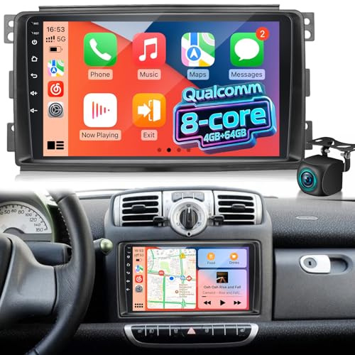Qualcomm 8-Kern 4GB+64GB Autoradio für Mercedes Benz Smart Fortwo 2005-2010, Android Radio mit kabellosem CarPlay & Android Auto, DSP Hi-Res Audio, GPS, Rückfahrkamera