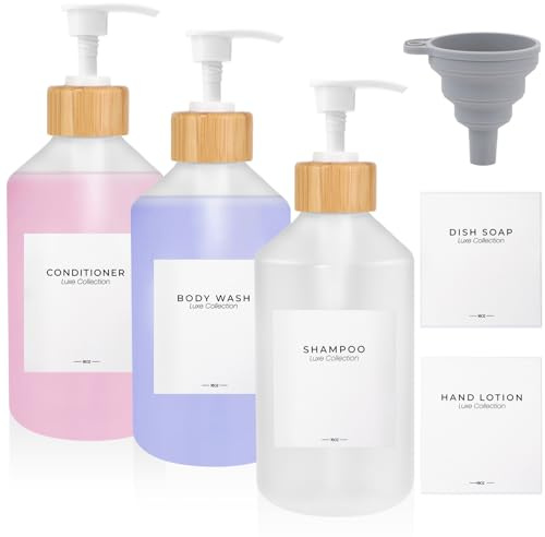 500ml Shampoo and Conditioner Dispenser Set - Plastic Shower Gel Soap Dispenser Bamboo Pump & Label Sticker & Silicone Funnel Soap Bottles with Pump for Bathroom/Kitchen/Laundry (3 Pack White)