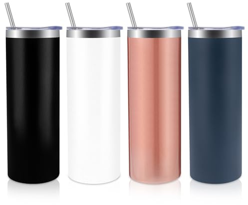 Volhoply 4 Pack Skinny Tumblers with Lid and Straw, 600ml (20oz) Stainless Steel Straight Tumbler Bulk, Vacuum Insulated Coffee Mug for Home, Office, Travel, DIY (Mix,4 Pack)