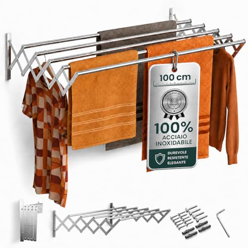 TEHORNEO Stendino da Parete 100 cm, Stendibiancheria da Parete in Acciaio Inossidabile, Stendino a Muro, Stendibiancheria a Scomparsa, Stendipanni da Muro Supporta 25 kg, 100% Acciaio Inossidabile