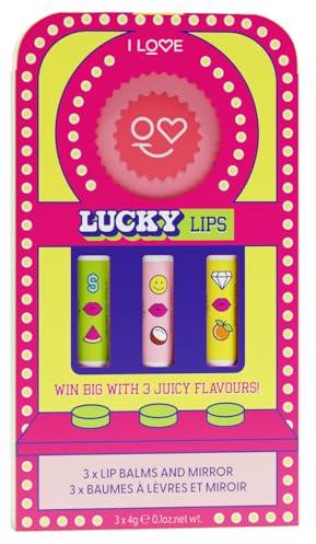 I LOVE Lucky Lips Lip Balm Gift Set 3 Hydrating Lip Balms with Branded Compact Mirror Moisturising Lip Care with Sweet Flavours – Nourishing, Smooth & Glossy Finish – Vegan-Friendly 3x 4g