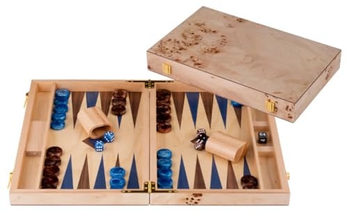 Engelhart-250553 – Backgammon Holz 18 Zoll (45,5 cm) Luxus Koffer Maserholz Walnuss-Inlay – Offen 52 × 45,5 cm – Blau/Braune Steine – Würfel & Becher – Strategiespiel