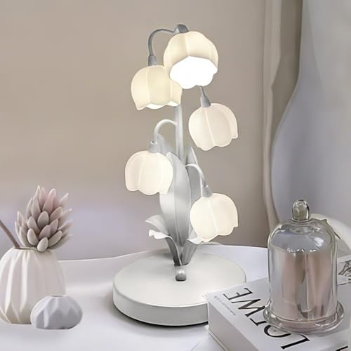 WLHONG Vintage Blumenlampe als Nachttischlampe, 5 Blüten | 3 wählbare Lichtfarben, 5 G4-LEDs inklusive und stabiler Eisenfuß; Perfekt für Schlafzimmer, Wohnzimmer und Büro