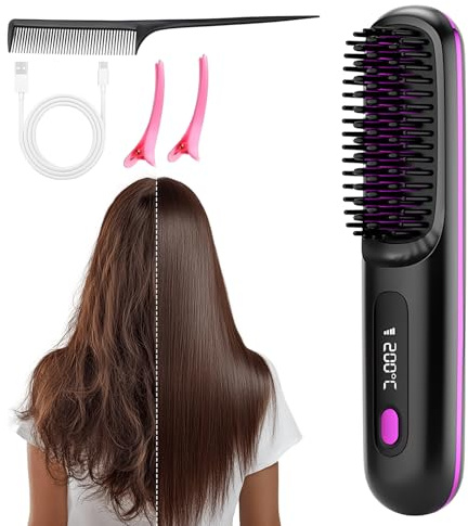 2 In 1 Glätteisen Locken und Glätten, 2026 Neu Tragbare Bürste, Glätten, Locken, Trocknen, 3 Wärmestufen Kabellos Glättungskamm mit LED-Anzeige Mini Lockenstab Bürste für Styling (Schwarz)