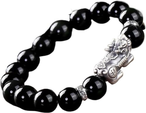 PYENHDI Feng Shui Armband, Natürliches schwarzes Obsidian-Pi-Xiu-Armband, Perlenarmband aus reinem Silber, Kristallarmband, Glücksbringer
