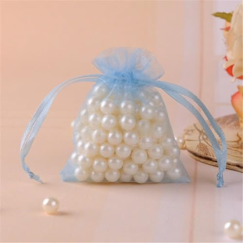 TKSJROL 50 Stück Organzasäckchen mit Kordelzug – Organza Säckchen Schmucksäckchen Netzbeutel Zuziehbeutel Tüllbeutel Probesäckchen zum Befüllen für Hochzeit, Party & Weihnachten (5x7 cm, Hellblau)