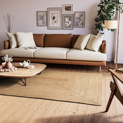 SteffensmeierJute Teppich Goa Frame | Rechteckig | Wohnzimmer, Flur, Eingangsbereich, Naturfaser, hangeflochten, Größe: 80x150 cm