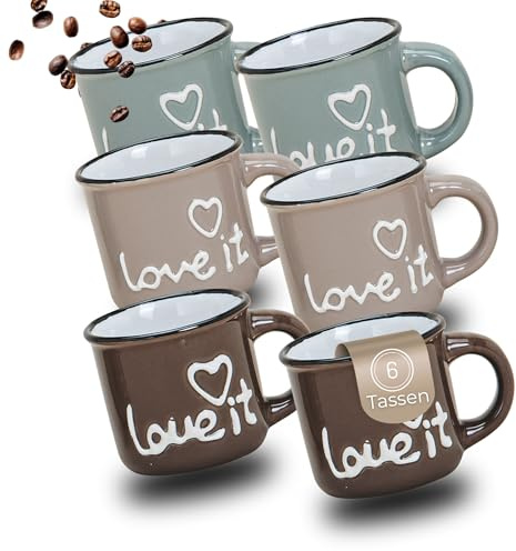 Espresso-Tassen 6er Set Love It Spruch - dickwandige 50 ml Keramik Mokka Henkel Kaffee-Tassen