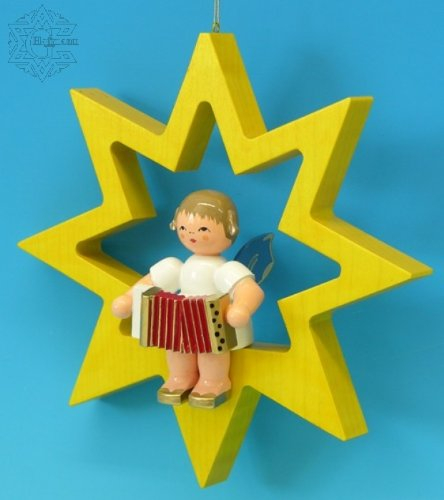 Unbekannt Engel sitzend groß mit Akkordeon, Blaue Flügel - 180 mm, Weihnachtsengel-Anhänger, Hänge-Schmuck, Gemalt, Weihnachten