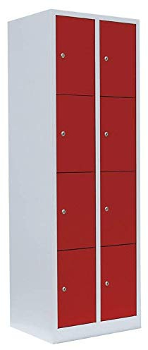 Lüllmann 8 Fächer Schließfachschrank komplett montiert grau/rot 180x60x50cm (HxBxT) Stahl Wertfachschrank Fächerschrank Spind Umkleideschrank 520424