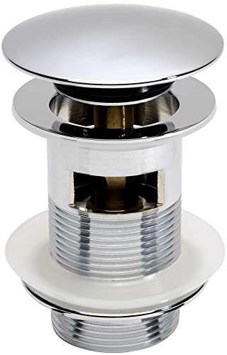 VeeBath Basin Sink Waste Modern Full Dome Pop Up Click Clack Sprung Plug Slotted with Overflow- Chrome