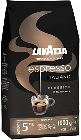 Lavazza, Espresso Italiano Classico, Café en Grano Natural, Ideal para la Máquina de Café Espresso, con Notas Aromáticas Florales, 100 % Arábica, Intensidad 5, Tueste Medio, Paquete de 1 kg