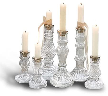 Loberon Kerzenständer 6er Set Youna, mundgeblasen, Vintage-Flair, unterschiedliche Modelle, für Stabkerzen, Kerzenhalter, Kerzenleuchter, Glas, klar/Silber