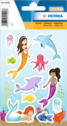 HERMA 15590 Aufkleber Meerjungfrau Glitzer klein groß, 11 Stück, Mädchen Sticker mit Meerestiere Motiv, Kinder Etiketten für Fotoalbum Tagebuch Poesiealbum Scrapbooking Geburtstag Deko Briefe DIY