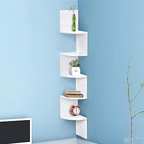 BAKAJI Eckregal mit 5 Ablagen, Zickzack-Wandregal Ecke, Schweberegal Hängeregal, schwebendes Regal Weiß Wand, für Küche Wohnzimmer Schlafzimmer, CD DVD, Wanddeko