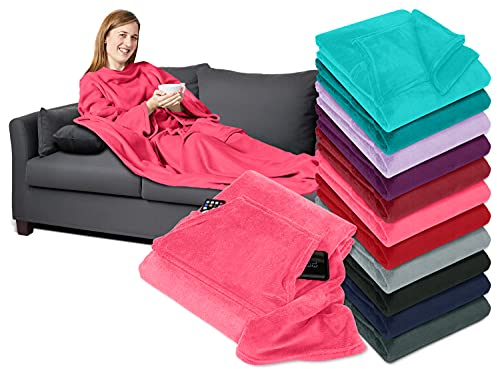 npluseins Decke mit Ärmeln Geschenke für Frauen und Männer 130x180 cm TV Deckenpullover Kuscheldecke das Original mit Ärmel & Bauchtasche 1448.2043, pink