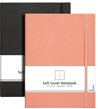 AHGXG Bullet Dotted Journal 2 Pack – B5 großes Tagebuch mit Punktraster (19,1 x 25,4 cm) mit dickem 120 g/m² Punktpapier, weicher Ledereinband, insgesamt 384 Seiten, Innentasche, Schwarzrosa