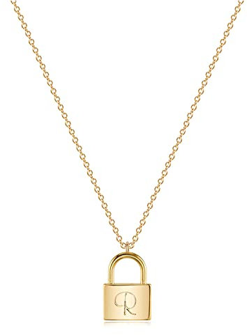 MYEARS Women Initial Lock Necklace Gold Padlock Double Script Double Side Engraved Pendant 14K Gold Filled Dainty Chain Simple Hypoallergenic Everyday Personalized Alphabet Jewelry, metal