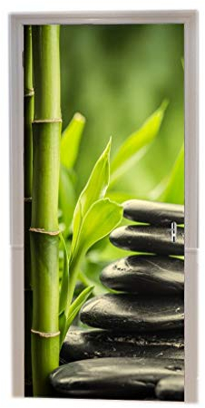 A.Monamour Türtapete Selbstklebend Türfolie Türposter 3D Haufen Schwarzer Spa-Steinsteine Grüner Bambus Meditations Zen Vinyl Folie Türdeko Tapete Wandbild Türaufkleber Türtattoo 77 x 200 cm