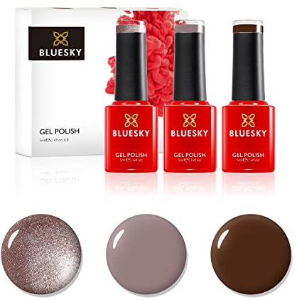 Bluesky Gel Nail Polish Set, Chocolate Box, Faux Fur 80538, Satin Robe Qxg313, Mocha A008, 3 x 5 ml, Brown, Glitter, Dark (Requires Curing Under UV or LED Lamp)