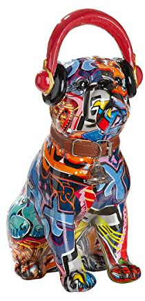 Dreamlight Moderne Skulptur Dekofigur Mops mit Kopfhörern Hund POP Art aus Kunststein Mehrfarbig 13x30 cm