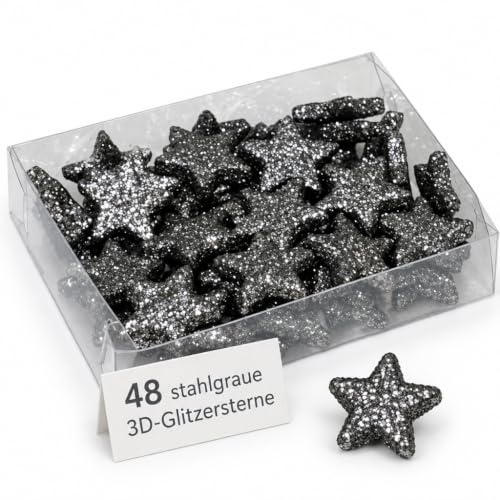 Streudeko 3D-Glitzersterne Glitzer-Sterne Streusterne Tischdekoration, elegante und moderne Dekoration für Weihnachten, Geburtstag, Hochzeit, Silvester (Größe: 2.5 cm - 48 Stück, Stahlgrau)