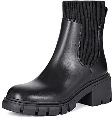 Athlefit Women's Black Chelsea Boots Fall Platform Ankle Boots Slip on Chunky Lug Sole Boots