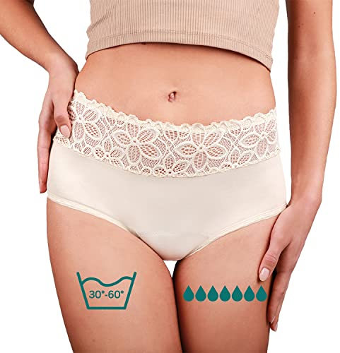 Taynie Deluxe Ultra Perioden Unterwäsche Starke Blutung - auslaufsichere&atmungsaktive Menstruationsunterwäsche - ersetzt 6-7 Tampons, Periodenslip Tragedauer bis 12Std, waschbar 60°C (36,Beige)